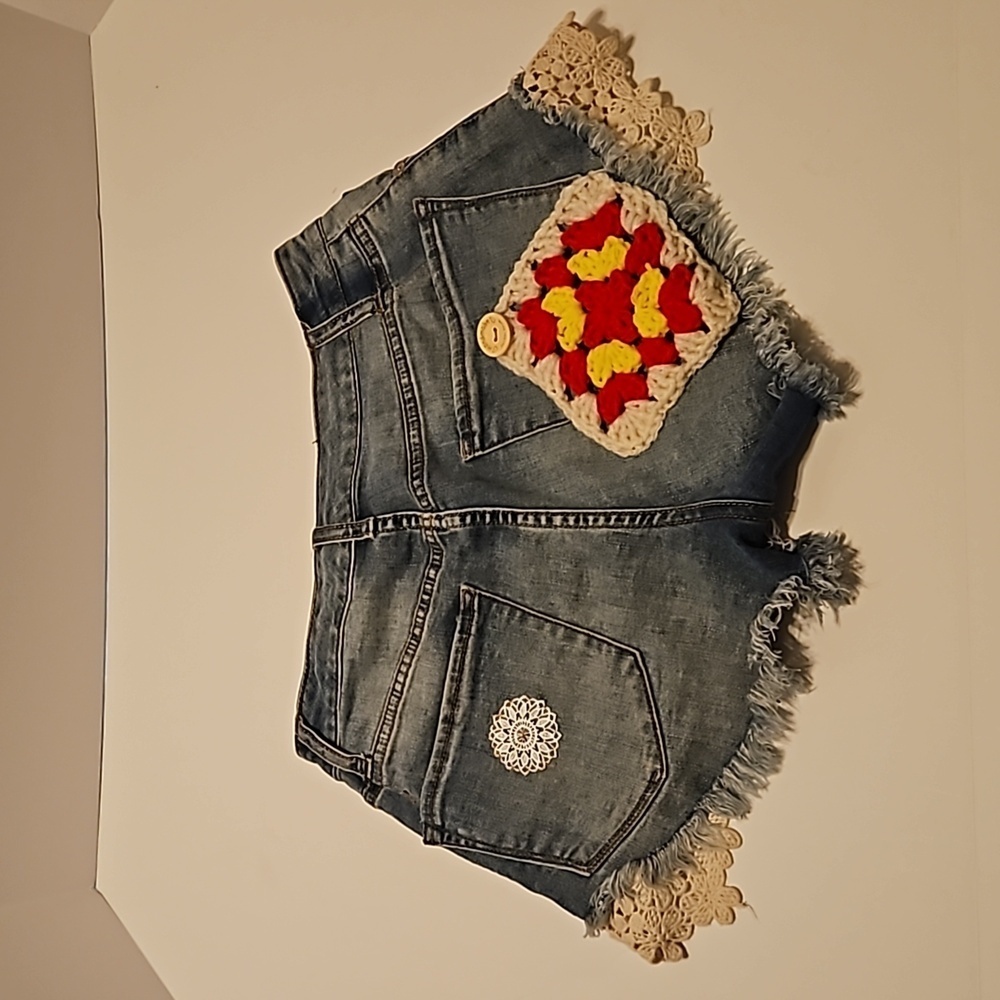 Hand Crafted Upcycled Denim Crochet Shorts Granny Square Handmade High rise 29 - Picture 4 of 17